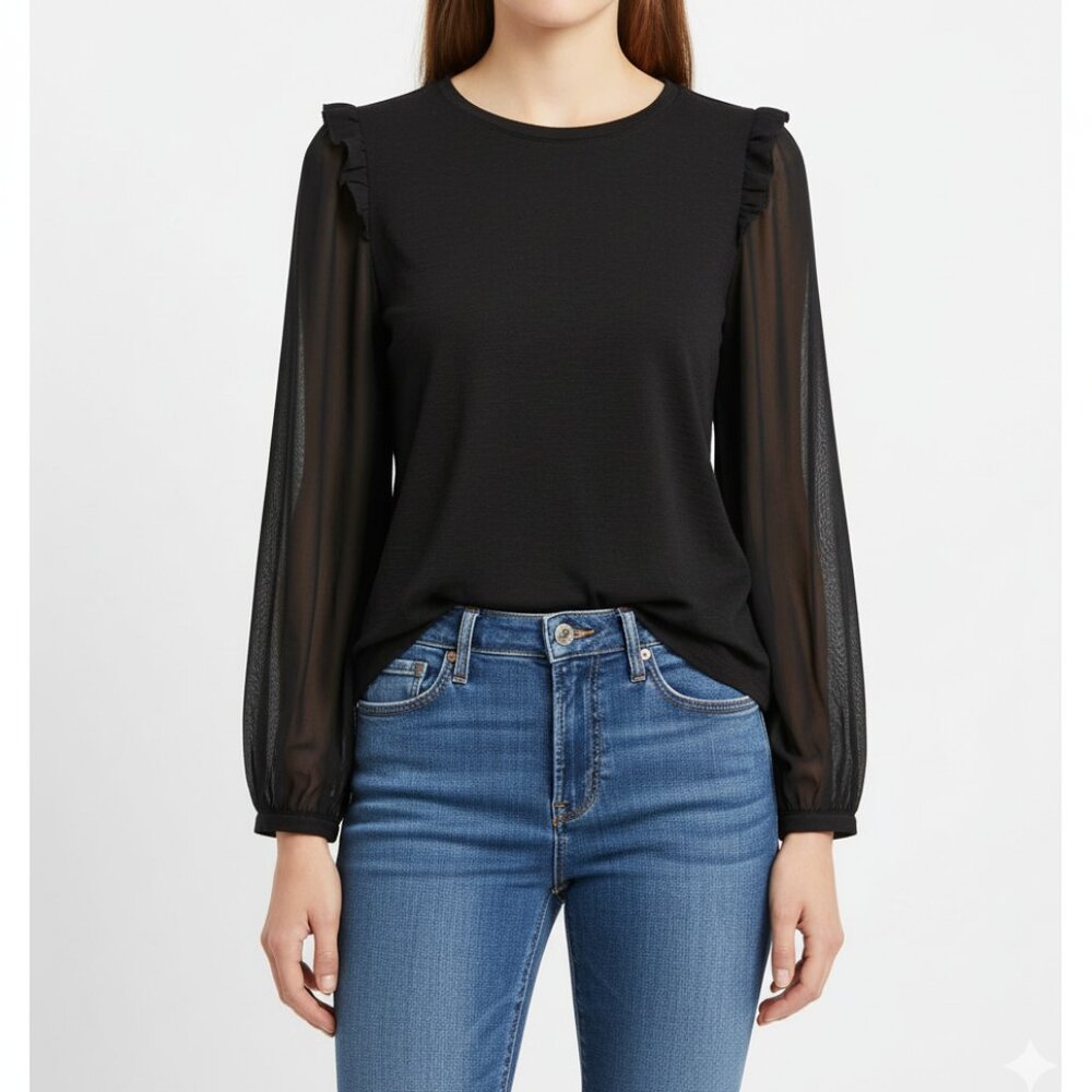 Les Serein Black Sheer Sleeve‎ Ruffle Trim Blouse – Women’s M